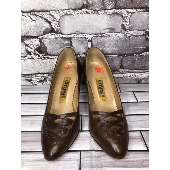 Cities VTG Brown Leather Pointed Toe Dress High Heels Women’s Sz 6M US/36.5EU - Picture 12 of 16